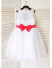 White Lace Tulle Keyhole Back Big Bow Flower Girl Dress